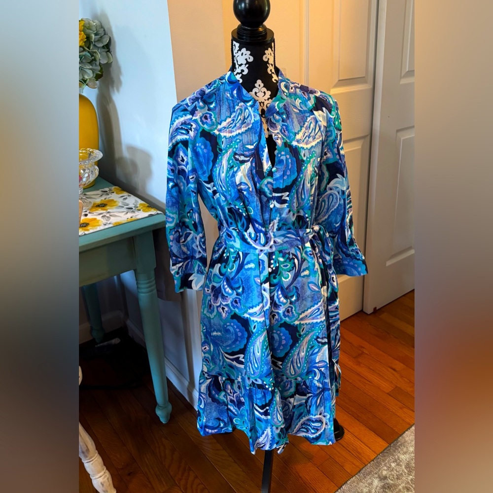 NWT Soft Surroundings Feyre Short Dress  Mandarin Collar Paisley Blue/White